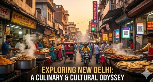 A busy street food market scene in Old Delhi, with multiple stalls, people cooking and eating, and a rickshaw amidst a crowded, well-lit lane. The text reads: "EXPLORING NEW DELHI: A CULINARY & CULTURAL ODYSSEY."