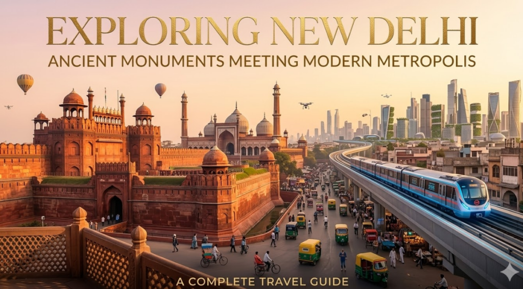 A detailed composite image, structured as a travel guide cover, showing a juxtaposition of historical Delhi and a futuristic cityscape under a warm, golden-hour sky filled with hot air balloons and drones. On the left is the sprawling red sandstone Red Fort complex with domes and minarets, with traditional cycle rickshaws and people below. On the right, a sleek, modern elevated metro train marked "EXPLORING NEW DELHI" glides along a curved track toward a futuristic skyline of glass and green skyscrapers. Large gold text across the top reads "EXPLORING NEW DELHI" and below it "ANCIENT MONUMENTS MEETING MODERN METROPOLIS." The bottom text reads "A COMPLETE TRAVEL GUIDE." New Delhi ancient monuments