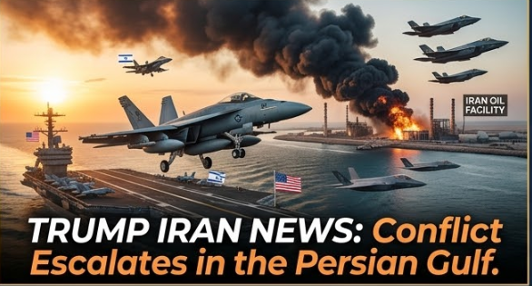 A dramatic photojournalistic shot at sunrise showing a US Navy F/A-18 fighter jet launching from the aircraft carrier USS Abraham Lincoln. Thick black smoke billows from a damaged Iranian oil facility labeled 'IRAN OIL FACILITY' in the distance, with explosions and Israeli F-35s visible. Text reads: 'TRUMP IRAN NEWS: Conflict Escalates in the Persian Gulf.' Trump Iran news