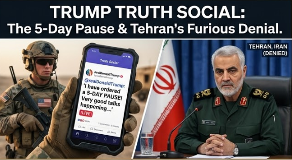 A photojournalistic split composition. In the foreground, a rugged smartphone displays a live 'Truth Social' post with text visible: '@realDonaldTrump: 'I have ordered a 5-DAY PAUSE! Very good talks happening...' (LIVE)'. In the background (split right), an Iranian Revolutionary Guard Corps (IRGC) commander is shown addressing a press conference in Tehran, labeled 'TEHRAN, IRAN (DENIED)' on a screen behind him, looking stern. Text reads: 'TRUMP TRUTH SOCIAL: The 5-Day Pause & Tehran's Furious Denial.' Trump Iran news