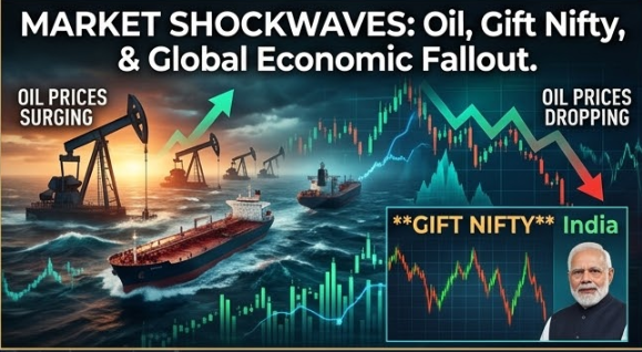 A dramatic graphic composite blending energy and finance. Oil derricks and tankers are shown in a tumultuous digital sea of market charts and fluctuating graphs with upwards and downwards arrows labeled 'OIL PRICES SURGING' and 'OIL PRICES DROPPING'. A visualization in the foreground specifically shows a graphic labeled 'GIFT NIFTY India' showing volatile movements, next to a small portrait of PM Modi. Text reads: 'MARKET SHOCKWAVES: Oil, Gift Nifty, & Global Economic Fallout.' Trump Iran news