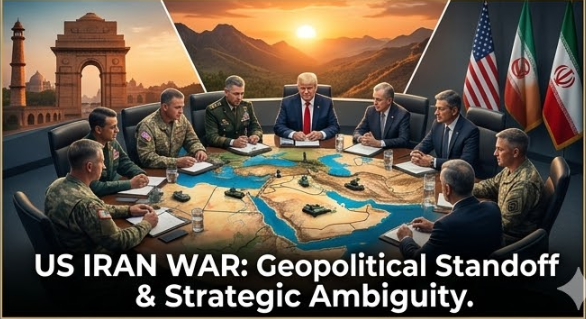 A high-angle photojournalistic shot looking down at a tense diplomatic briefing table. US military commanders and diplomats are engaged in serious discussions over a large map of the Middle East, with small military assets placed on it, set against a backdrop of a traditional Indian structure and the Aravalli Hills. Iranian flags are visible on the other side of a divide. Text reads: 'US IRAN WAR: Geopolitical Standoff & Strategic Ambiguity.' Trump Iran news