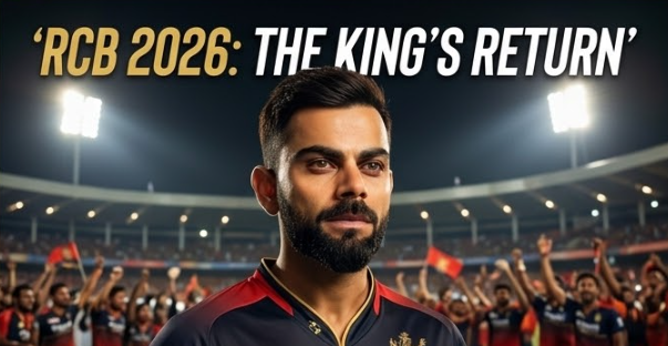 A dramatic close-up photojournalistic portrait of Virat Kohli looking determined under M. Chinnaswamy Stadium lights, wearing the dark red, black, and gold predicted 2026 RCB kit. Bold text reads: 'RCB 2026: THE KING’S RETURN'.