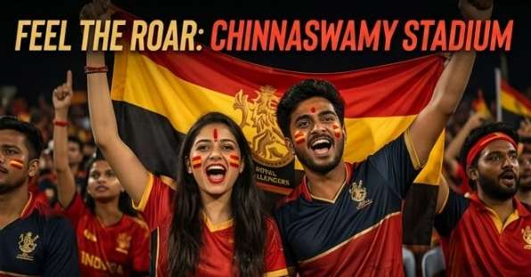 A vibrant candid photograph capturing diverse Indian fans cheering wildly in the stands at night. They wear RCB face paint and wave a massive red and gold team flag, illustrating intense atmosphere. Text reads: 'FEEL THE ROAR: CHINNASWAMY STADIUM'.