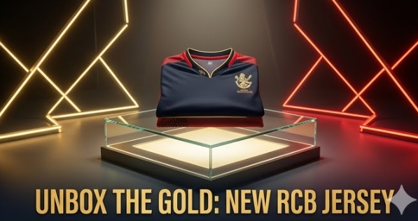A stylized product shot of the new official folded RCB cricket kit for 2026. The jersey rests on a modern, glowing glass pedestal surrounded by abstract gold and red LED lights. Text reads: 'UNBOX THE GOLD: NEW RCB JERSEY'.