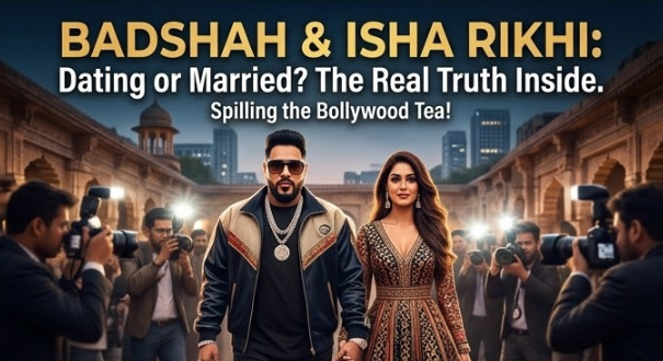 A glamorous, paparazzi-style photo taken in Nagpur, India, at twilight. The rumored couple, Badshah and Isha Rikhi (wearing stylish sunglasses and an evening gown, respectively), are walking together, caught by dramatic camera flashes, with blurred historical-meets-modern Indian architecture in the background. Integrated text across the top in a dynamic font reads: 'BADSHAH & ISHA RIKHI: Dating or Married? The Real Truth Inside.' smaller text below: 'Spilling the Bollywood Tea!'
