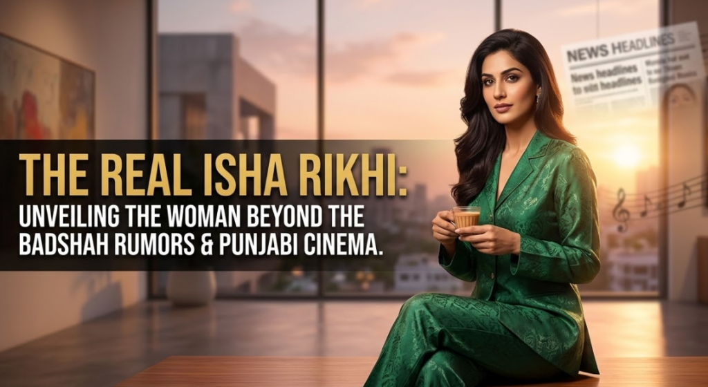 A featured image banner for an online profile article about Isha Rikhi. It is a graceful portrait of the actress sitting thoughtfully in a sophisticated modern interior at twilight, holding a teacup. She wears a refined green patterned silk suit. A large text overlay on a dark background on the left reads, in bold gold and white font, "THE REAL ISHA RIKHI:". Below it, smaller white text reads, "UNVEILING THE WOMAN BEYOND THE BADSHAH RUMORS & PUNJABI CINEMA." The background features large windows looking out to a blurred twilight cityscape and wall graphics hinting at music and news.