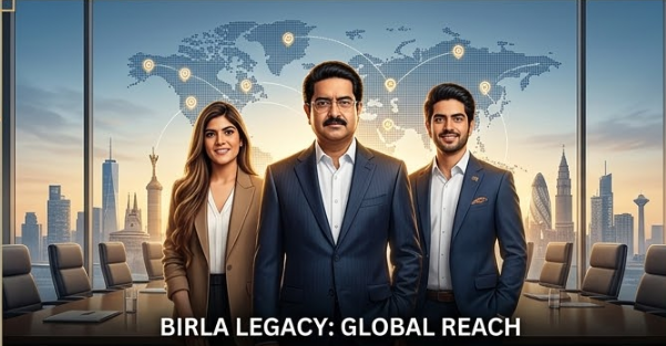 : A professional portrait of the Birla leadership transition. Kumar Mangalam Birla stands in a modern boardroom with his children, Ananya and Aryaman Birla, looking global and forward-thinking. In small text: 'NAGPUR, MAHARASHTRA, INDIA 2026 DIGEST'. Text overlay: 'BIRLA LEGACY: GLOBAL REACH'.