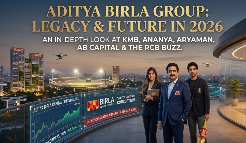 A professional banner image for an Aditya Birla Group article, featuring Ananya, Kumar Mangalam (KMB), and Aryaman Birla standing on a modern terrace at dusk. The large text headline reads: "ADITYA BIRLA GROUP: LEGACY & FUTURE IN 2026," with a sub-headline: "AN IN-DEPTH LOOK AT KMB, ANANYA, ARYAMAN, AB CAPITAL & THE RCB BUZZ." Behind them is a modern city skyline and a large, illuminated cricket stadium. Drones fly in the sky. To the left and behind the group, digital screens display text and a rising stock market graph. The left screen shows "ADITYA BIRLA CAPITAL LIMITED (ABCL)" with a graph and the text "+50% GROWTH (Illustrative)". The center screen features the "BIRLA SPORTS DIVISION (BSD) / CONSORTIUM" logo and text stating: "IPL (RCB) SPECULATION INTENSIFIES | A NEW ERA BECKONS." Ananya holds a tablet, KMB is in a navy blue suit with a small lapel pin, and Aryaman holds a cricket bat with a subtle "AB" logo.