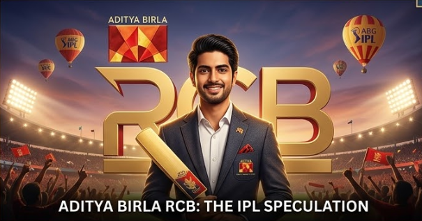 An high-energy sports and branding composition. Aryaman Birla (the cricketer/strategist) smiles in front of a giant stylized RCB (Royal Challengers Bengaluru) logo that blends naturally with the Aditya Birla sun emblem, under a stadium light glow, representing the IPL speculation. Text overlay: 'ADITYA BIRLA RCB: THE IPL SPECULATION'.