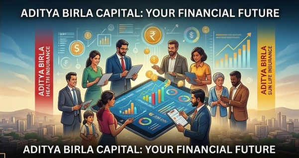 A vibrant conceptual illustration of diverse financial services. A group of professionals and a family use a tablet to access a dynamic interface displaying banking, mutual funds, insurance, and loan approvals, against a modern Nagpur cityscape, referencing Aditya Birla Capital. Text overlay: 'ADITYA BIRLA CAPITAL: YOUR FINANCIAL FUTURE'.