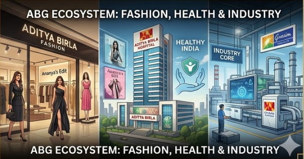 A montage visualizing the ABG consumer ecosystem. It features a transition from a sophisticated high-fashion retail store, a model of a modern vertical 'Aditya Birla Hospital', and an industrial plant, highlighting fashion, health, and core manufacturing pillars. Text overlay: 'ABG ECOSYSTEM: FASHION, HEALTH & INDUSTRY'.