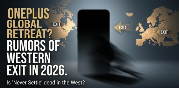 Is OnePlus Shutting Down in 2026? Unpacking the Rumors, the Nord 6, and the End of the "Flagship Killer" Era 1 A conceptual infographic illustrating the hypothetical retraction of OnePlus from global markets in 2026. A generic smartphone silhouette moves away from an illuminated map of North America and Europe marked with 'EXIT' arrows pointing inward. A dynamic text overlay reads: "ONEPLUS GLOBAL RETREAT? RUMORS OF WESTERN EXIT IN 2026." Tagline below: 'Is 'Never Settle' dead in the West?' OnePlus shutting down rumors 2026