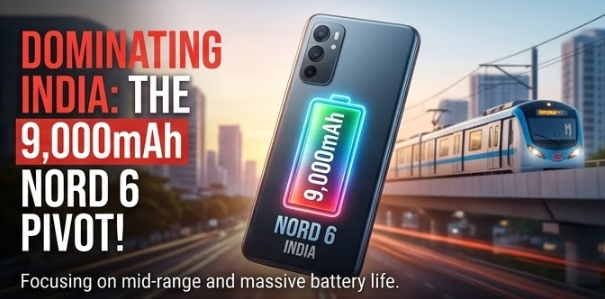 Is OnePlus Shutting Down in 2026? Unpacking the Rumors, the Nord 6, and the End of the "Flagship Killer" Era 2 A dynamic close-up photograph set against a blurred modern Indian cityscape (Nagpur) at twilight, highlighting the massive-battery mid-range phone. The rear of the generic phone shows a vibrant, glowing battery icon marked "9,000mAh" and "NORD 6 INDIA." A bold text overlay reads: "DOMINATING INDIA: THE 9,000mAh NORD 6 PIVOT!" Tagline below: 'Focusing on mid-range and massive battery life.'
