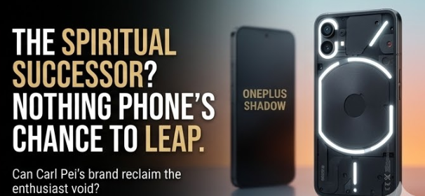 Is OnePlus Shutting Down in 2026? Unpacking the Rumors, the Nord 6, and the End of the "Flagship Killer" Era 4 A conceptual visualization comparing the future of standard smartphones. On the left, a blurry silhouette of a standard generic phone is marked 'ONEPLUS SHADOW'. On the right, a distinctive and sharp 'Nothing Phone (3)' with its signature transparent back and glowing Glyph interface is illuminated. Text overlay reads: "THE SPIRITUAL SUCCESSOR? NOTHING PHONE'S CHANCE TO LEAP." Tagline below: 'Can Carl Pei's brand reclaim the enthusiast void?'