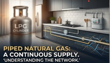 A conceptual visualization comparing traditional energy delivery with modern infrastructure. A blurred, old metal LPG cylinder marked 'LPG CYLINDER' stands in contrast to a sleek, discrete copper internal gas pipeline network and a high-tech smart meter installed in a modern kitchen. Background elements subtly show a detailed subterranean pipeline map. Prominent textured text in a sans-serif gold and white font reads: "PIPED NATURAL GAS: A CONTINUOUS SUPPLY." Tagline below: 'UNDERSTANDING THE NETWORK.' PNG vs LPG gas
