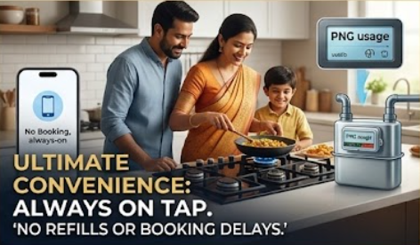 A joyful photograph capturing a diversified Indian family (father, mother, child) interacting happily in a bright, modern kitchen. The mother is actively cooking a meal. Next to the sleek, multi-burner gas stove, a distinct digital smart gas meter is clearly visible with an illuminated display reading: 'PNG usage'. Conceptual graphics show a smartphone app screen with 'No Booking, always-on' text. Text overlay: "ULTIMATE CONVENIENCE: ALWAYS ON TAP." Tagline below: 'NO REFILLS OR BOOKING DELAYS.' PNG vs LPG gas