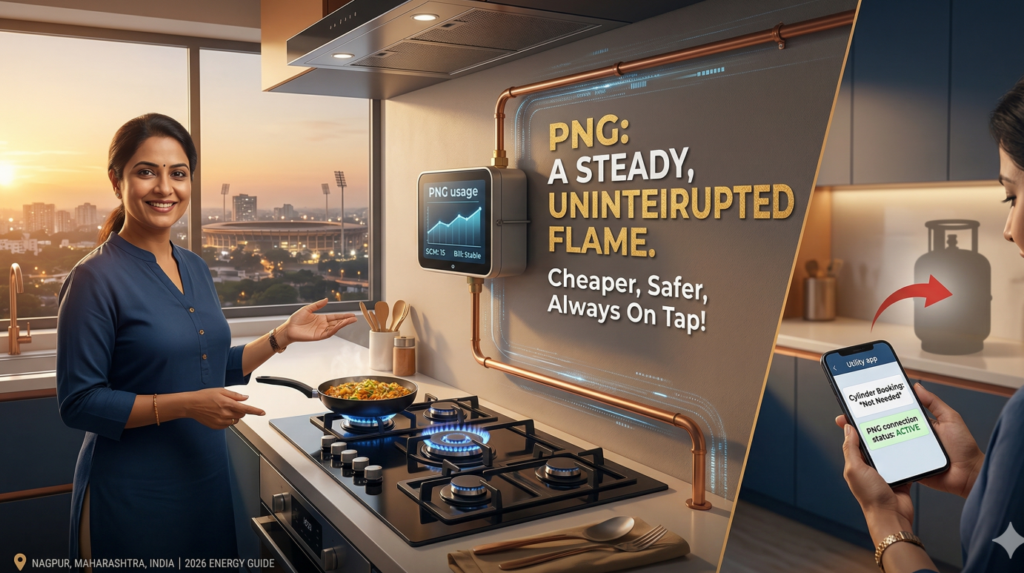 The entire 2x2 grid composite graphic is unified by a clean deep blue and gold border featuring subtle abstract Indian architectural motifs. Across the very top, a large headline reads: "PNG: A MODERN KITCHEN REVOLUTION / UNDERSTANDING THE KEY BENEFITS OVER LPG." The location and date 'NAGPUR, MAHARASHTRA, INDIA | 2026 ENERGY DIGEST' are subtly present in the bottom-left border. A red OnePlus ' Never Settle' watermark is in the very bottom-right corner. All text is perfectly legible with high contrast.