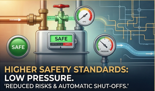 A close-up illustration focusing on safety mechanisms. A safety shut-off valve and pressure metrics are prominently detailed. A gas meter is shown with a clear, bold green 'SAFE' indicator and a pressure gauge displaying a low, stable range. Abstract visual elements illustrate low-pressure flow and reduced risks. The background includes a stylized pipeline network diagram. Text overlay: "HIGHER SAFETY STANDARDS: LOW PRESSURE." Tagline below: 'REDUCED RISKS & AUTOMATIC SHUT-OFFS.' PNG vs LPG gas