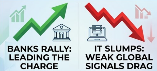 Opposing sector trends, showing on the left (Green Up Arrow, Bank Icon): "BANKS RALLY: LEADING THE CHARGE". On the right (Red Down Arrow, Laptop/Server Icon): "IT SLUMPS: WEAK GLOBAL SIGNALS DRAG".