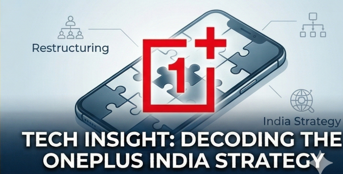 A conceptual visual featuring the distinct red OnePlus logo overlaid on a graphic puzzle representing a smartphone being reassembled. Subtle text icons reference 'Restructuring' and 'India Strategy'. Text reads: "TECH INSIGHT: DECODING THE ONEPLUS INDIA STRATEGY".