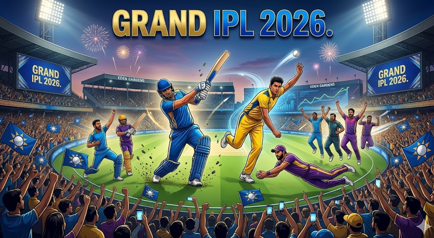 A collage of four dramatic cricket action photographs under stadium lights, with a central title at the top: "IPL 2024: EPIC SEASON HIGHLIGHTS". The top-left image shows a player in a yellow and blue kit leaping in an intense, airborne celebration with text overlay "IPL 2024: High-Stakes Action Unfolds". Below it, a batsman in a blue and gold kit plays a powerful shot, viewed from behind a packed, cheering crowd. The top-right image captures a player in a purple and gold kit making a spectacular full-stretch diving one-handed catch, with text overlay "Matchday Highlights" and a label "INCREDIBLE FIELDING". The bottom-right image shows a huddle of four players in the same blue and gold kit high-fiving and celebrating joyfully. All photos are set in a large, crowded stadium. IPL 2026 schedul