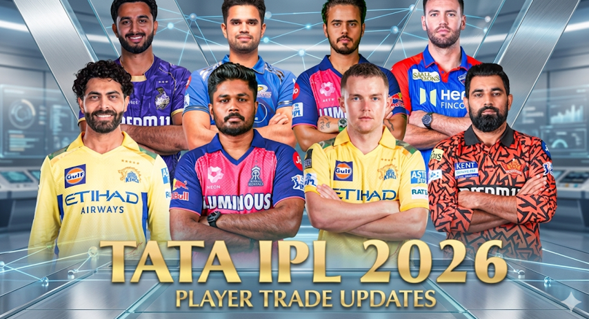 A promotional graphic for "TATA IPL 2026 PLAYER TRADE UPDATES" featuring eight cricket players from various teams arranged in two rows, posing with their arms crossed. Recognizable players include Ravindra Jadeja and Sanju Samson in the front row. They are set against a futuristic, high-tech silver and blue background with glowing digital lines and screens. The text "TATA IPL 2026" and "PLAYER TRADE UPDATES" is displayed prominently at the bottom in 3D metallic gold lettering. 