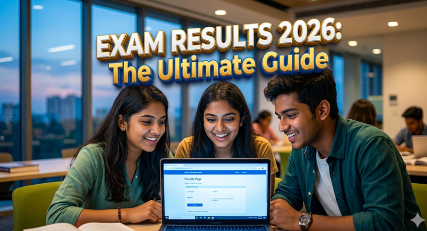 A vibrant photograph of three Indian students, diverse in appearance, leaning in closely and eagerly looking at a brightly lit laptop screen. Superimposed across the top is bold, eye-catching 3D text that reads: "EXAM RESULTS 2026: The Ultimate Guide". The entire scene is brightly lit with cinematic lighting, conveying a powerful mix of anticipation and excitement. Exam Results 2026