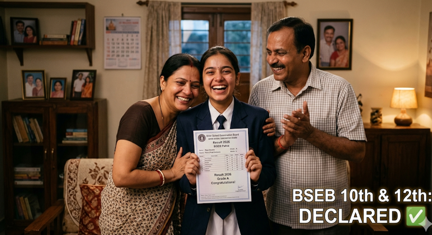 A heartwarming, emotional photograph capturing a genuinely happy young Indian student, still wearing their school uniform, proudly displaying a printed mark sheet to their beaming parents in a warm, modestly furnished Indian living room. The background is softly blurred to keep focus on the celebrating family. Floating digital text in the corner clearly states: "BSEB 10th & 12th: DECLARED ✅". The lighting is warm and inviting.