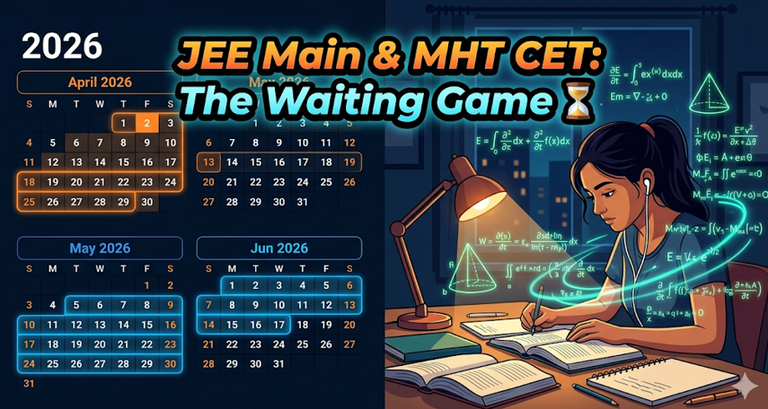 A modern, high-contrast vector illustration using a dynamic split-screen design. The left side shows a clean digital calendar with the months of "April 2026" and "May 2026" distinctly highlighted. The right side depicts a focused Indian student intently studying late at night under a desk lamp, surrounded by glowing holographic math and physics formulas. Bold text overlaid across the middle reads: "JEE Main & MHT CET: The Waiting Game ⏳". Exam Results 2026