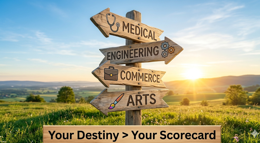 An uplifting, photorealistic image featuring a rustic wooden signpost under a bright, clear blue sky with a rising sun. Multiple arrows branch off in different directions, each featuring an icon for a distinct career path: a stethoscope (Medical), gears (Engineering), a briefcase (Commerce), and a paintbrush (Arts). Clean text overlaid at the bottom motivatingly states: "Your Destiny > Your Scorecard". The overall impression is bright, airy, and full of hope. Exam Results 2026