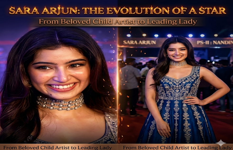 A captivating, high-fashion biographical feature collage with a bold black and gold color scheme and elements of fire. The name "SARA ARJUN" is rendered in massive, textured letters of actual licking flames and molten gold at the very top, immediately catching the eye and signifying passion and power.