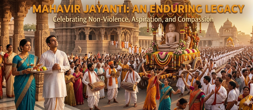 A wide-angle, panoramic photograph capturing a grand Mahavir Jayanti festival Rath Yatra procession. At the top of the image, the text in rich saffron and white fonts reads: "MAHAVIR JAYANTI: AN ENDURING LEGACY" and below it "Celebrating Non-Violence, Aspiration, and Compassion". In the background, an ancient, exquisitely carved sandstone Jain temple complex with multiple detailed spires is bathed in the warm, golden light of the sunset. Centered is a large, gilded ceremonial chariot, adorned with garlands of orange, pink, and white flowers, carrying a stone idol of Lord Mahavir in a seated meditation pose. Hundreds of devotees, dressed primarily in traditional white Indian clothing, form a massive procession. Many pull the chariot ropes, others sing, dance, and raise their hands in celebration. In the mid-ground, musicians play traditional dhol drums. In the foreground to the left, a woman in a detailed blue saree holds a plate of ritual offerings (lamps, fruits, flowers), and a man in a white kurta looks reverently upward, both watching the procession pass. The ground is paved, and the entire scene is filled with a sense of reverent celebration.