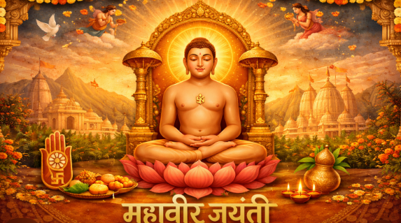 Mahavir Jayanti 2026: Your Ultimate Guide to Celebrating Compassion and Peace 1 "Mahavir Jayanti Legacy celebration featuring a divine golden illustration of Lord Mahavir meditating on a lotus, surrounded by Jain temples, the Ahimsa hand symbol, and lit diyas."