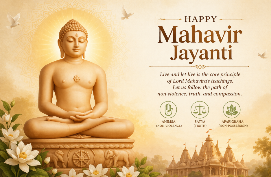 Mahavir Jayanti 2026: Your Ultimate Guide to Celebrating Compassion and Peace 2 “Lord Mahavir meditating on a lotus with golden aura, celebrating Mahavir Jayanti with Jain symbols and temple background.” Mahavir Jayanti Legacy