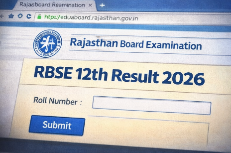 A close-up photograph of a computer screen displaying a web page for the Rajasthan Board Examination. The main heading reads 'RBSE 12th Result 2026' in bold blue text. Below it is a form with the label 'Roll Number :' next to an empty text box and a blue 'Submit' button."