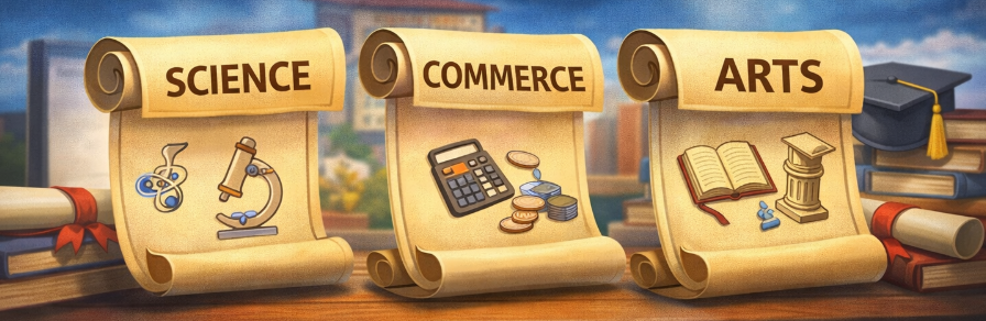 "Illustration depicting the three main streams for RBSE 12th Result 2026 students: Science, Commerce, and Arts, represented on decorative scrolls with related icons."