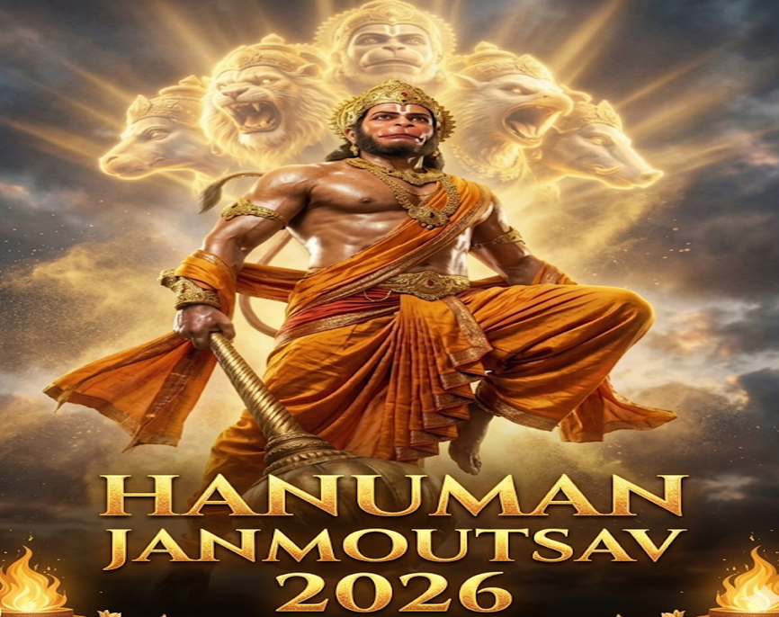 A powerful, multi-headed depiction of Lord Hanuman in a dynamic pose, set against a dramatic, epic cloudy sky with bursts of golden light. Above his shoulders, five divine heads, including a central larger one and two on each side, roar and glow with intense golden light. Hanuman has golden skin and wears detailed gold jewelry and saffron-orange robes. He holds a large golden mace (gada) in his left hand. Below him, prominently displayed in stylized golden script, is the text: "HANUMAN JANMOUTSAV 2026". Golden diyas and floral motifs are in the bottom foregro