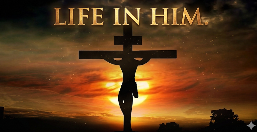 A dramatic silhouette of Christ on the cross is centered against a powerful sunset with dark clouds and a glowing golden-orange sun. Above the cross, bold golden text reads, "LIFE IN HIM." A small white camera frame icon is visible in the bottom-left corner. good friday 2026