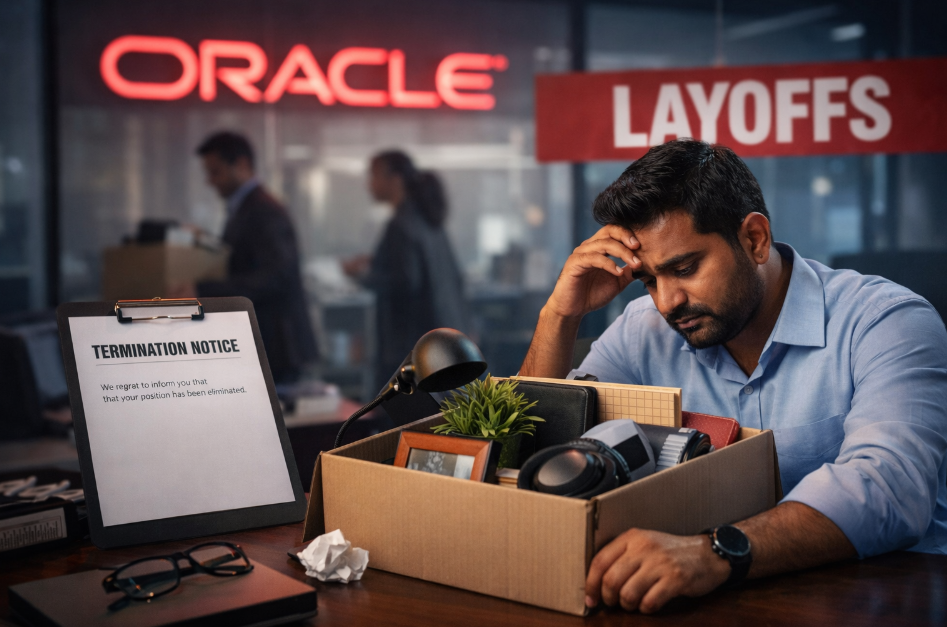 A distressed male employee sits at an office desk, looking down with his hand on his head in a gesture of stress or sadness. In front of him is a cardboard box packed with personal belongings, including a small plant and headphones. To his left, a clipboard displays a "TERMINATION NOTICE" stating his position has been eliminated. In the blurred background, the red Oracle logo and a "LAYOFFS" banner are prominently visible, along with silhouettes of other people packing boxes.