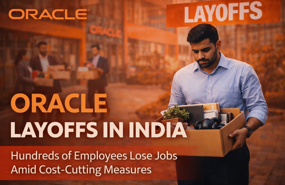 A concerned Indian office employee holding a box of personal belongings after job loss, with bold “Oracle layoffs in India” headline and warm-toned background highlighting mass layoffs and workforce impact.  Oracle India layoffs
