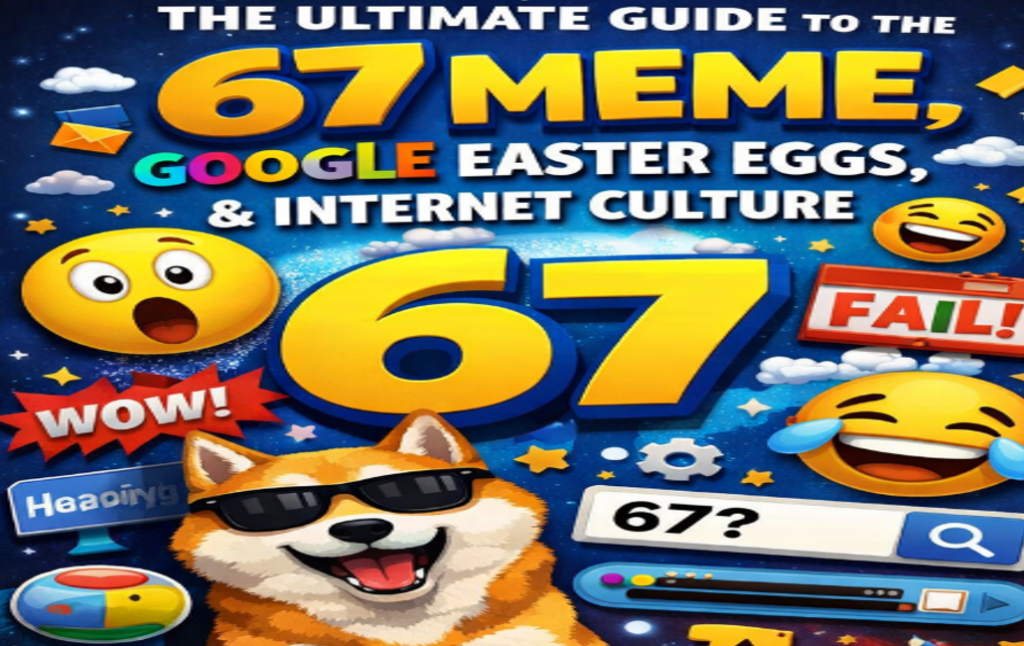 The Ultimate Guide to the 67 Meme, Google Easter Eggs, and Internet Culture 1 A vibrant, space-themed cartoon guide-style image with "THE ULTIMATE GUIDE TO THE 67 MEME, GOOGLE EASTER EGGS, & INTERNET CULTURE" text. A large "67" with a question mark is in a search bar below, with various emojis like a shocked face, a laughing-crying face, a smiling face, and a doge with sunglasses. Other graphics include a red "FAIL!" sign, a red "WOW!" burst, clouds, stars, an envelope, and small app-style icons. The background is a galaxy with planet-like shapes.