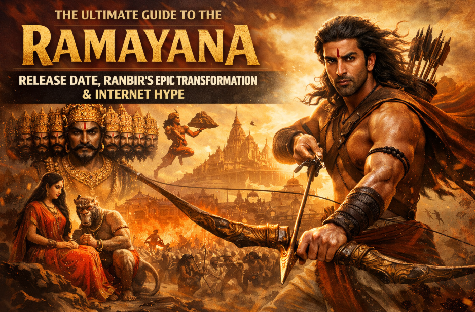 A composite graphic illustration poster for "The Ultimate Guide to the Ramayana", with central title text in large, stylized font. Below the main title is a black banner with text: "RELEASE DATE, RANBIR'S EPIC TRANSFORMATION & INTERNET HYPE". The illustration features prominent figures: a muscular Lord Rama on the right in warrior pose, with a tilak and long hair, aiming an ornate golden bow; a ten-headed figure of Ravana looking fierce on the top-left; and a leaping figure of Hanuman holding a mountain on the center-left. At the bottom-left, a woman (Sita) in traditional red clothing sits beside a lion-headed figure, looking towards the right. The entire background is filled with a chaotic scene of explosions, fire, smoke, and an ancient Indian temple city in conflict, with small figures of armies in battle under a dark, cloudy sky. The poster has a rich, golden and orange color palette.