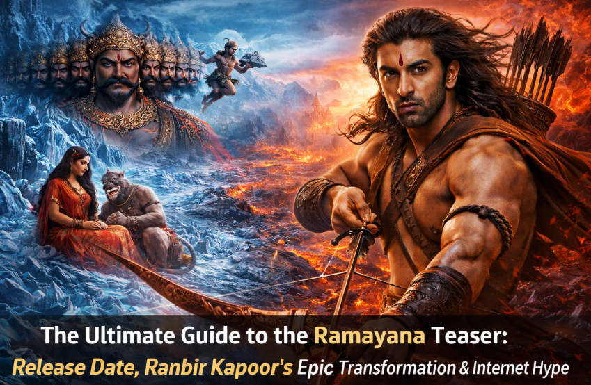 The Ultimate Guide to the Ramayana Teaser: Release Date, Time, Ranbir Kapoor's Epic Transformation, and Internet Hype 1 A dramatic, cinematic poster illustration for "The Ultimate Guide to the Ramayana Teaser: Release Date, Ranbir Kapoor's Epic Transformation & Internet Hype". The dynamic composition is split between a fiery gold on the right and a cold icy blue on the left, depicting an epic conflict. On the right, a determined Lord Rama figure in leather and armor aims a large, ornate golden bow against an explosive, fiery golden background. In the top-left, a massive ten-headed Ravana figure with menacing expressions is set against a cold, stormy blue environment with detailed headwear. Between the main figure and Ravana, a figure of Hanuman in a loincloth flies, carrying a rock. In the bottom-left, a seated woman in a detailed red and gold saree (Sita) looks towards a boar-like animal-man figure (perhaps a mythological beast), surrounded by cold blue icy rocks. Below them, a large, blurred battle scene with many figures is visible. The character Rama on the right has long hair, a tilak on his forehead, and is surrounded by fiery debris. The text title is at the top in large font, with detailed information in a banner below. The art style is rich, detailed, dramatic digital illustration. Ramayana teaser release date and time