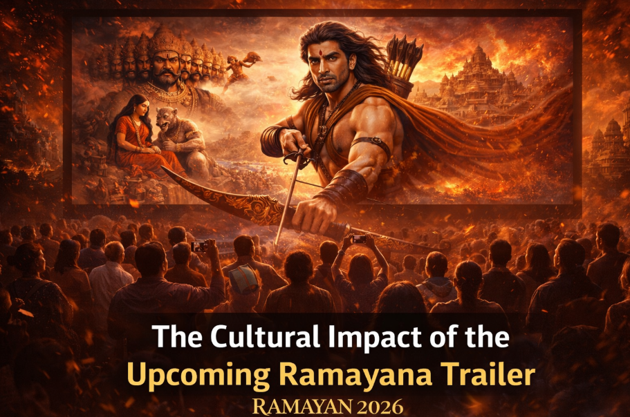 The Ultimate Guide to the Ramayana Teaser: Release Date, Time, Ranbir Kapoor's Epic Transformation, and Internet Hype 2 A wide, panoramic photograph capturing a massive, ecstatic crowd of people gathered in a large arena at twilight. Thousands are looking up towards a colossal screen in the distance. On the screen, a powerful, detailed illustration from "Ramayana 2026" is visible: Lord Rama on the right, aiming a golden bow, flanked by Hanuman carrying a rock and Sita on the left, with the ten-headed Ravana looking fierce in the top-left background. Explosions of fire and light emanate from the screen. Below the screen, within the crowd, many individuals hold up smartphones, their screens lit, recording the event. Explosions are also simulated around the stage area below the screen. Below the main visual, a large title text is overlaid on a dark bar: "The Cultural Impact of the Upcoming Ramayana Trailer" and "RAMAYAN 2026" at the bottom-center in stylized gold font. The atmosphere is electrified and intense. Ramayana teaser release date and time