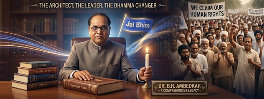 A long panoramic illustration banner showing Dr. B.R. Ambedkar seated at a detailed library desk in a study. He wears round glasses and an grey Nehru jacket, with his hand on a stack of books labeled "CONSTITUTION OF INDIA" and "GLOBAL LAW". Behind him to the left, a blue flag reads "Jai Bhim". Above him, a text banner says, "THE ARCHITECT, THE LEADER, THE DHAMMA CHANGER". He holds a single lit candle in his right hand. A massive, diverse crowd of people is marching behind him to the right, holding banners like "WE CLAIM OUR HUMAN RIGHTS" and "CHOWDAR TANK". A desk plaque to the right reads "DR. B.R. AMBEDKAR - A COMPREHENSIVE LEGACY". Swirling blue and gold light trails and particles connect the entire scene, combining library, marching crowd, and desk details. The style is digital illustration, with a cinematic, twilight-like ambiance.