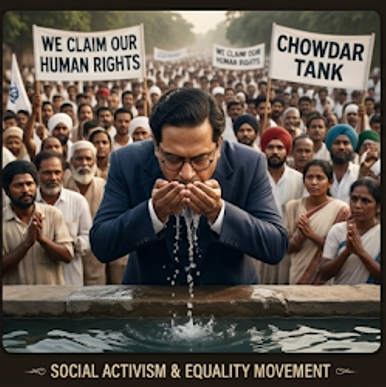 Illustration depicting Dr. B.R. Ambedkar drinking water from the Chowdar Tank to protest caste discrimination, surrounded by a large crowd holding 'We Claim Our Human Rights' banners, honoring his social activism for 14 April Ambedkar Jayanti.
