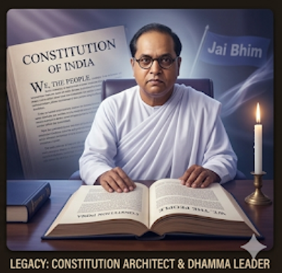 A dignified portrait illustration of Dr. B.R. Ambedkar wearing white robes, seated at a desk with an open book and a lit candle. The background features the preamble of the Constitution of India and a 'Jai Bhim' flag, symbolizing his legacy as a Dhamma leader and Constitution architect to commemorate 14 April Ambedkar Jayanti.