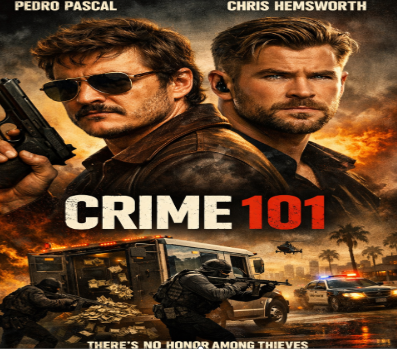 A movie poster for the film "CRIME 101" featuring Pedro Pascal and Chris Hemsworth. The top half shows the two actors standing back-to-back against a backdrop of fiery explosions; Pascal is wearing aviator sunglasses and holding a handgun, while Hemsworth wears an earpiece. Below the large title text, the bottom half depicts a chaotic heist scene on a street lined with palm trees. Armed individuals in dark tactical gear are raiding an armored truck that is spilling large amounts of cash onto the street, while a police car with flashing lights and a helicopter approach the scene. The tagline at the bottom reads, "THERE'S NO HONOR AMONG THIEVES".