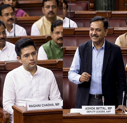 A side-by-side image collage. On the left, a photograph from inside the Indian Parliament shows AAP MP Raghav Chadha (left, in white kurta) and MP Ashok Mittal (right, in dark suit, speaking) seated at a long desk with microphones and nameplates. The right side features a news graphic interface titled 'GLOBAL NEWS ROUNDUP' with news anchors in an inset. The main section lists various news points in distinct panels with visuals and text: a red and black virus graphic with 'HEALTH ALERT: CICADA COVID VARIANT BA 3.2'; an illustration of a deity with 'BOLLYWOOD BUZZ: RANBIR KAPOOR RAMAYANA TEASER LEAKS'; a central panel with an inset of Raghav Chadha and the main headline 'AAP REMOVES RAGHAV CHADHA: FULL STORY' and inset of Ashok Mittal; an illustration of a large rocket with 'SPACE EXUDES: NASA ARTEMIS ROCKET PREPS FOR LAUNCH'; a map of Indonesia with an earthquake graphic and 'GLOBAL CRISIS: INDONESIA EARTHQUAKE & TSUNAMI WARNING'; and a photo of a motorcycle with 'BIKE NEWS: BAJAJ DOMINAR X ADV SPY SHOTS'. Other unidentifiable people are in the background out of focus.